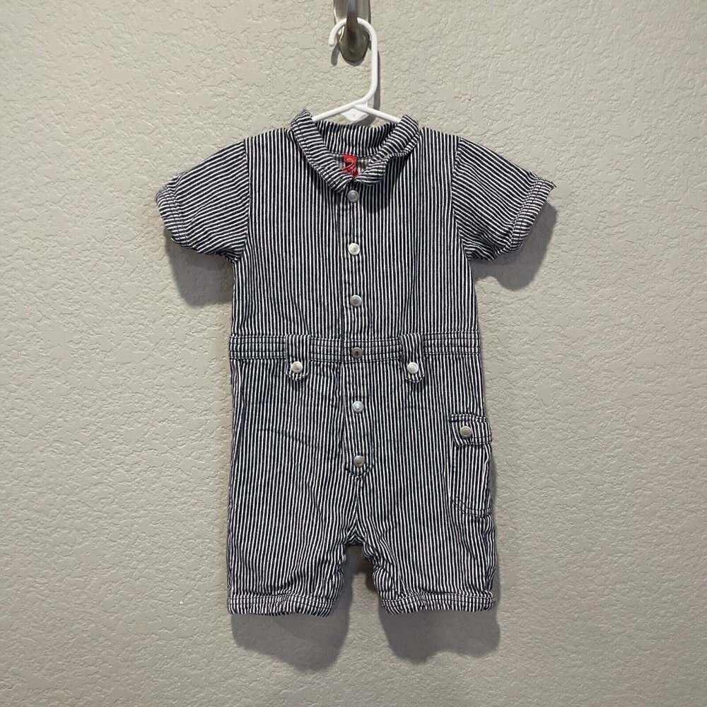 Hanna Andersson Toddler Baby Boy One-Piece BLUE Railroad Stripe Romper 80, 18-24 - Picture 2 of 7
